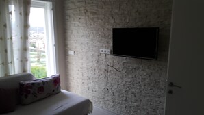 A room with a brick-patterned wall, a mounted TV, a window with curtains, and a sofa with a floral cushion.