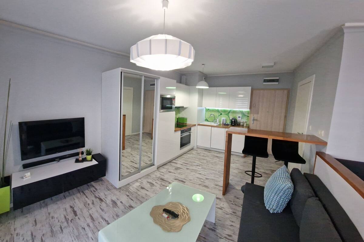 Un salon moderne avec un téléviseur à écran plat, une table basse et un canapé.