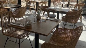Un restaurante con sillas y mesas de mimbre, ventanas amplias con vista a la playa y palmeras.