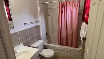 Une salle de bain équipée de toilettes, d’un lavabo, d’une baignoire et d’un rideau de douche.