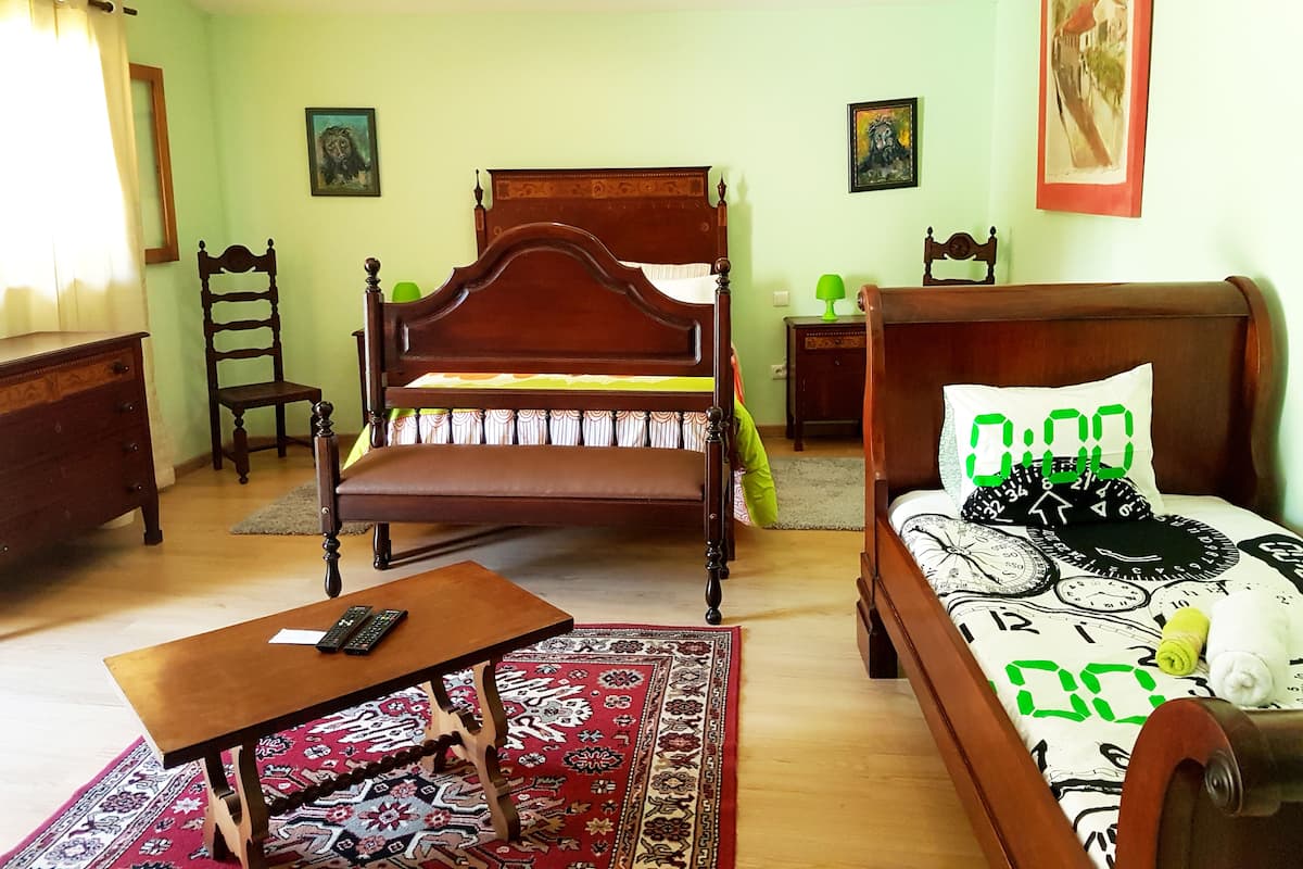 Un dormitori amb un llit matrimoni amb cortines, un llit individual amb un coixí temàtic de rellotge, una nitrera de fusta, una cadira, una taula petita amb un comandament a distància i una catifes amb un disseny