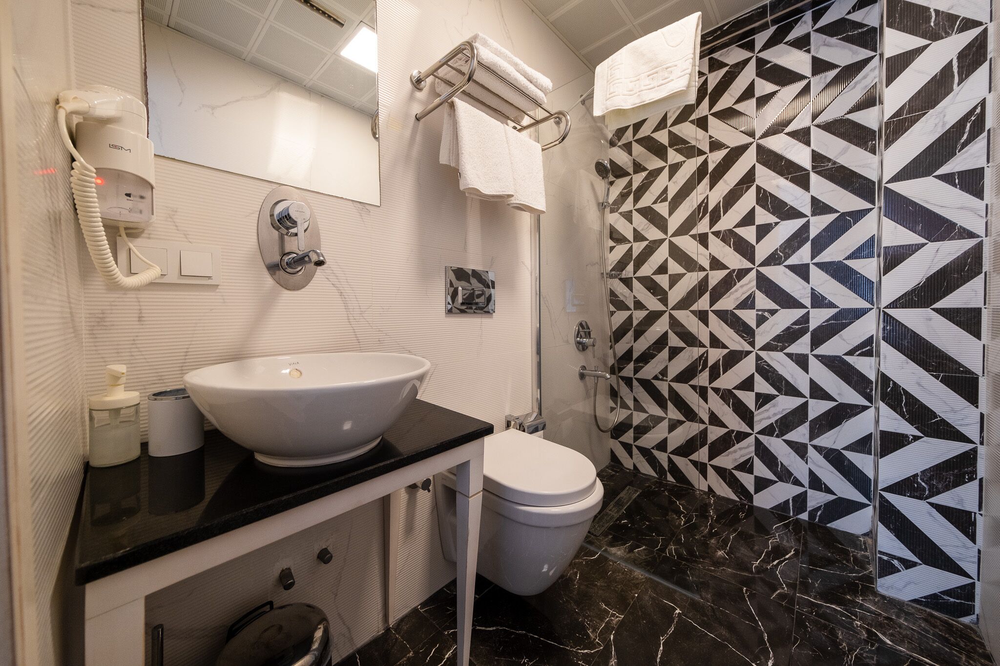 shower, rainfall showerhead, hair dryer, slippers