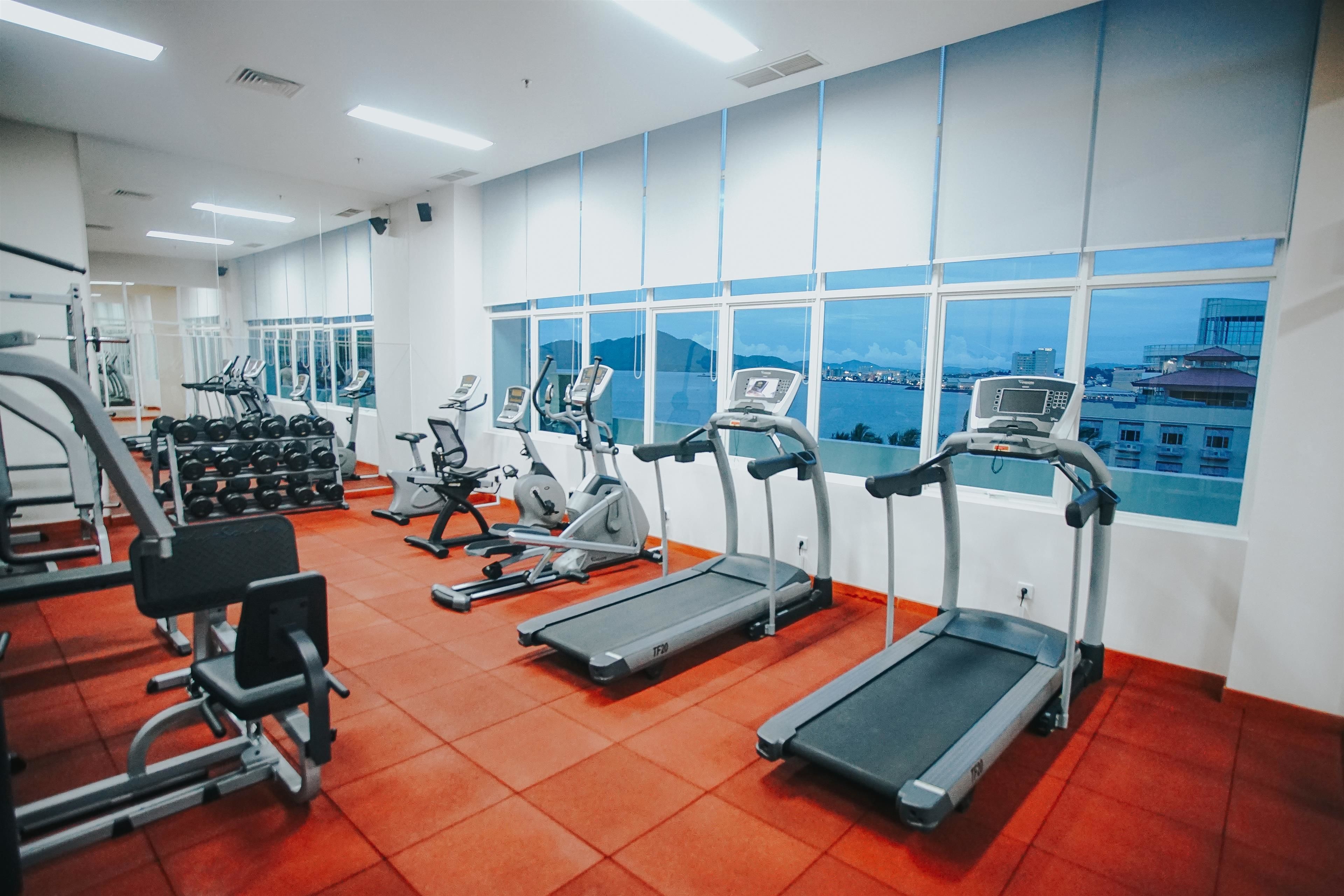 A gym with treadmills, elliptical machines, and weight benches.