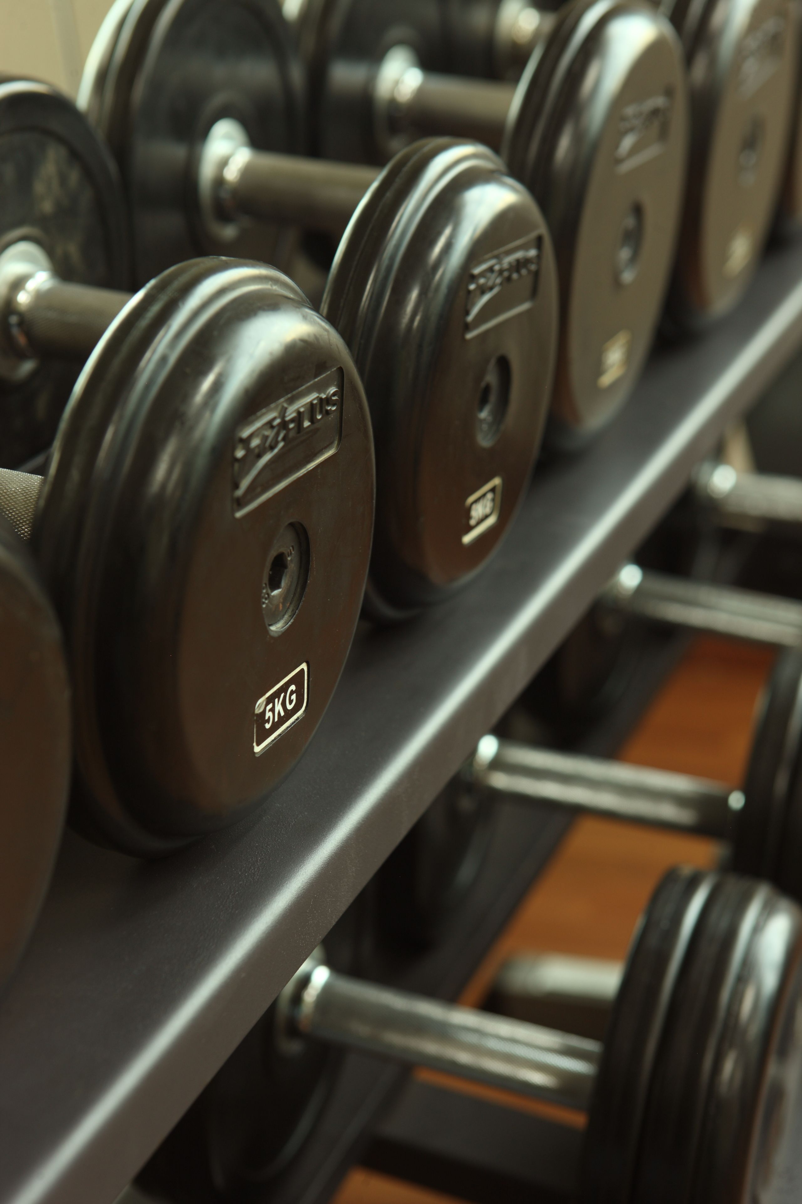 A rack of 5KG dumbbells.
