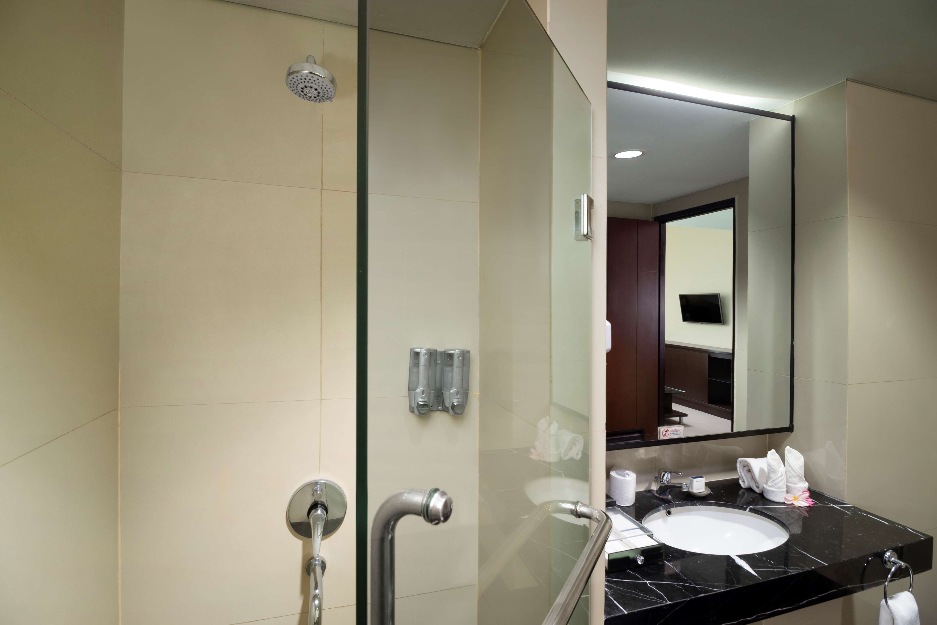 A modern bathroom with a glass shower enclosure, a black marble sink, and a large mirror.