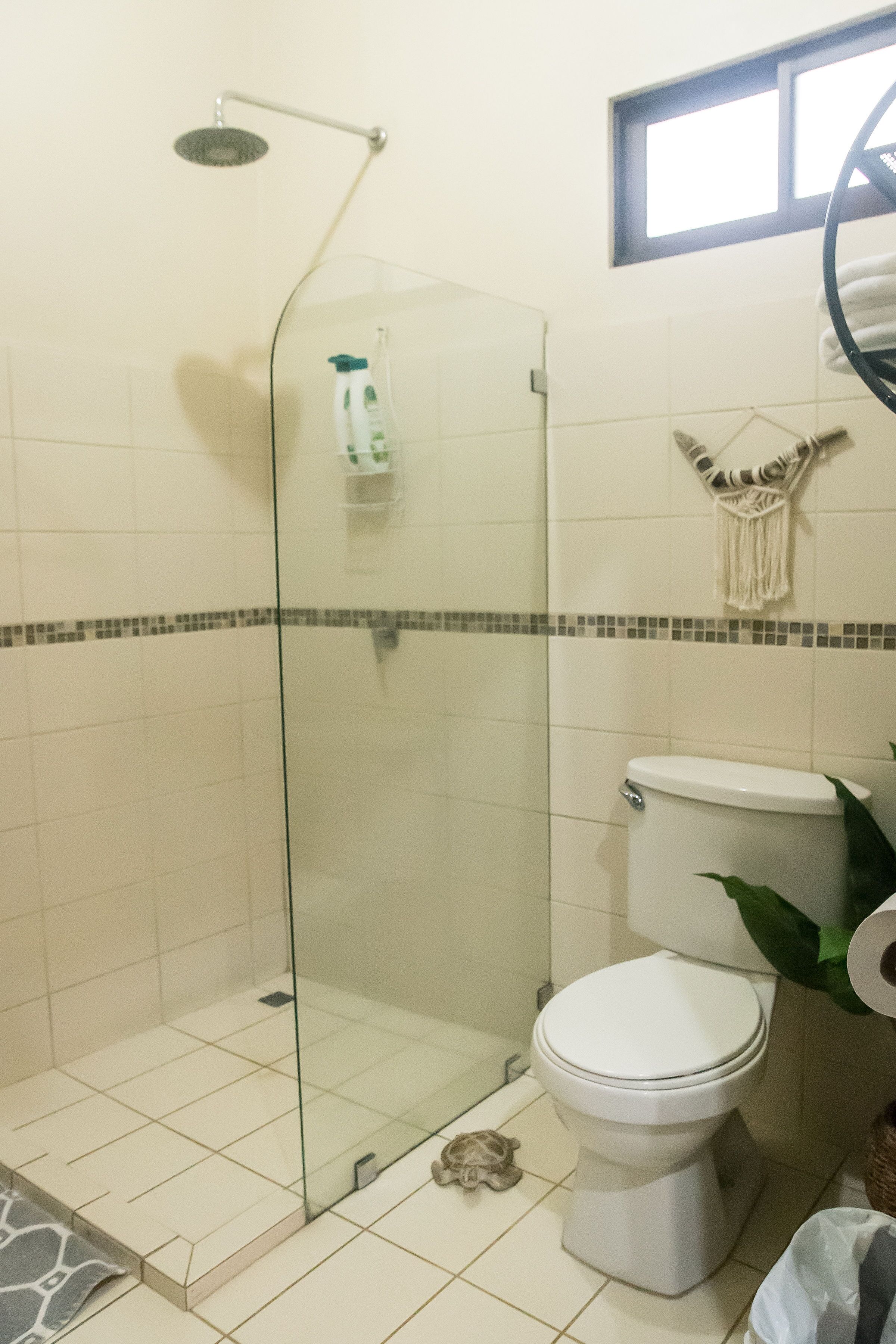 Une salle de bain avec une douche à parois de verre, des toilettes et une petite tortue décorative posée sur le sol.