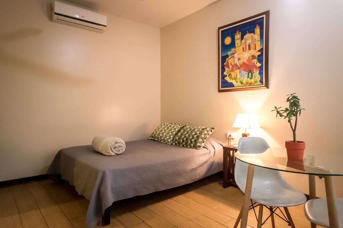 Een slaapkamer met een bed, een nachtkastje met een lamp, een stoel en een potplant.