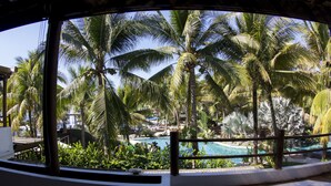 A view from a balcony overlooking a pool area with palm trees and lounge chairs.