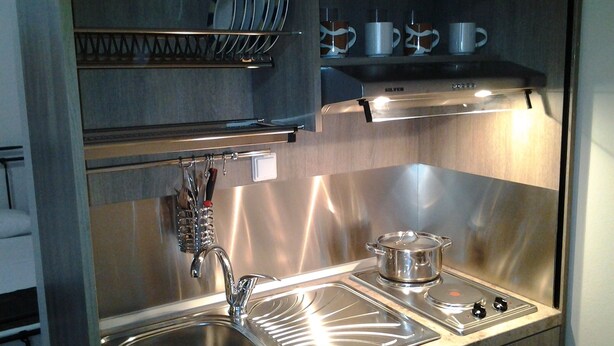 A compact kitchen with a stainless steel sink, a stovetop, and a dish rack. - Mastic Point Studios (Chios)
