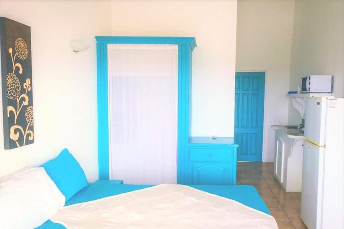 Una habitación con cama, escritorio, silla, microondas y lavamanos.
