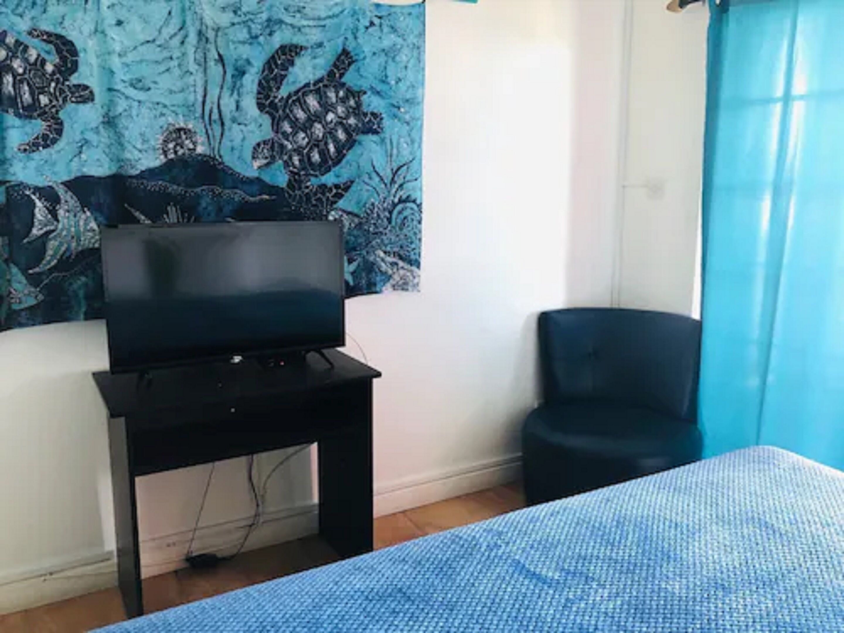 Una habitación con una cama, un televisor sobre un mueble bajo, una silla y un tapiz azul en la pared.