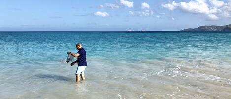 Ein Mann steht im seichten Wasser und hält ein Netz.