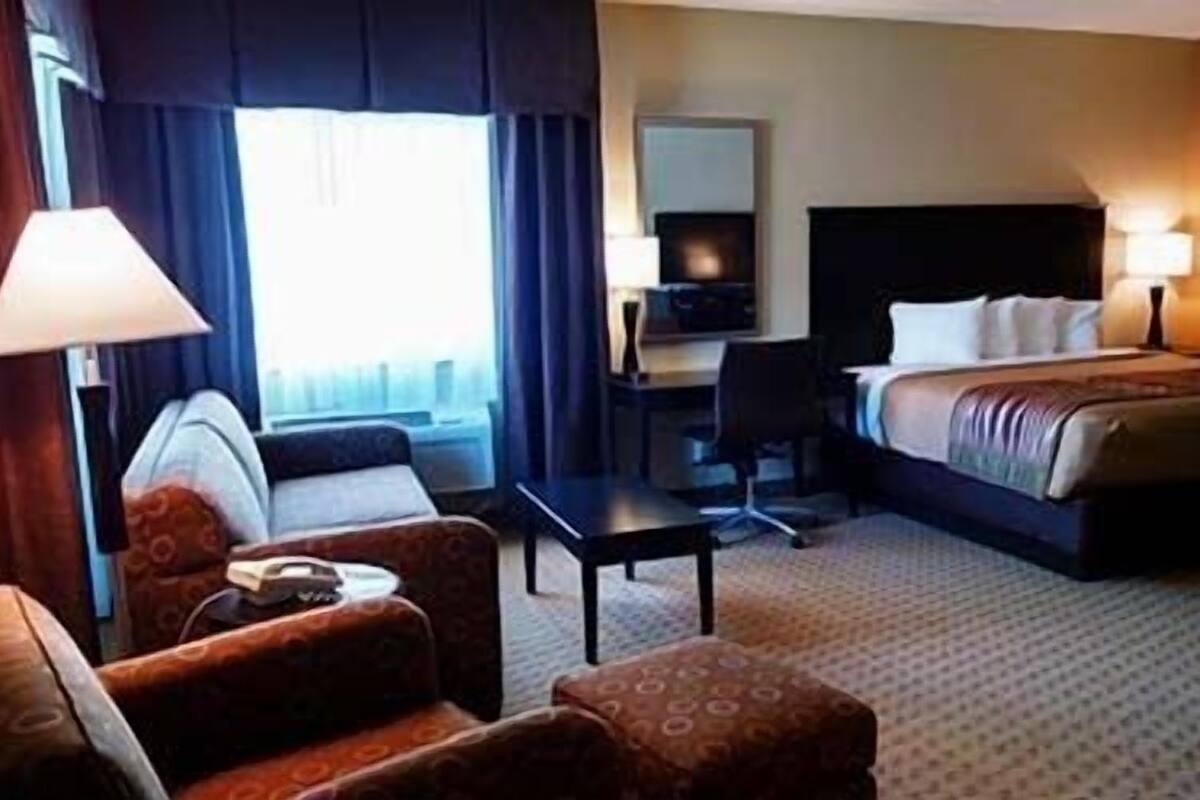 A hotel room with a bed, a desk, a chair, and a sofa.