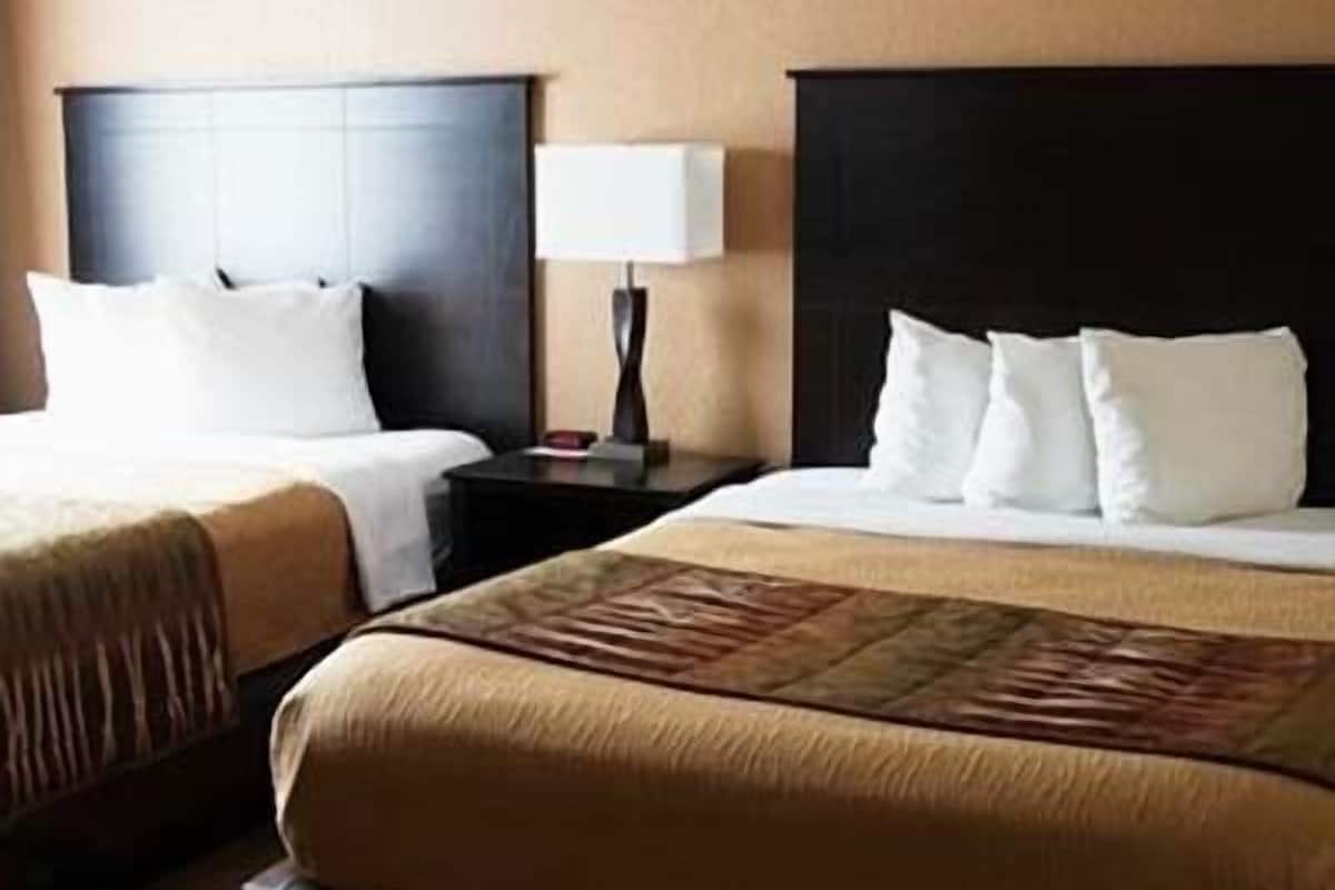 A hotel room with two beds, a nightstand, and a lamp.