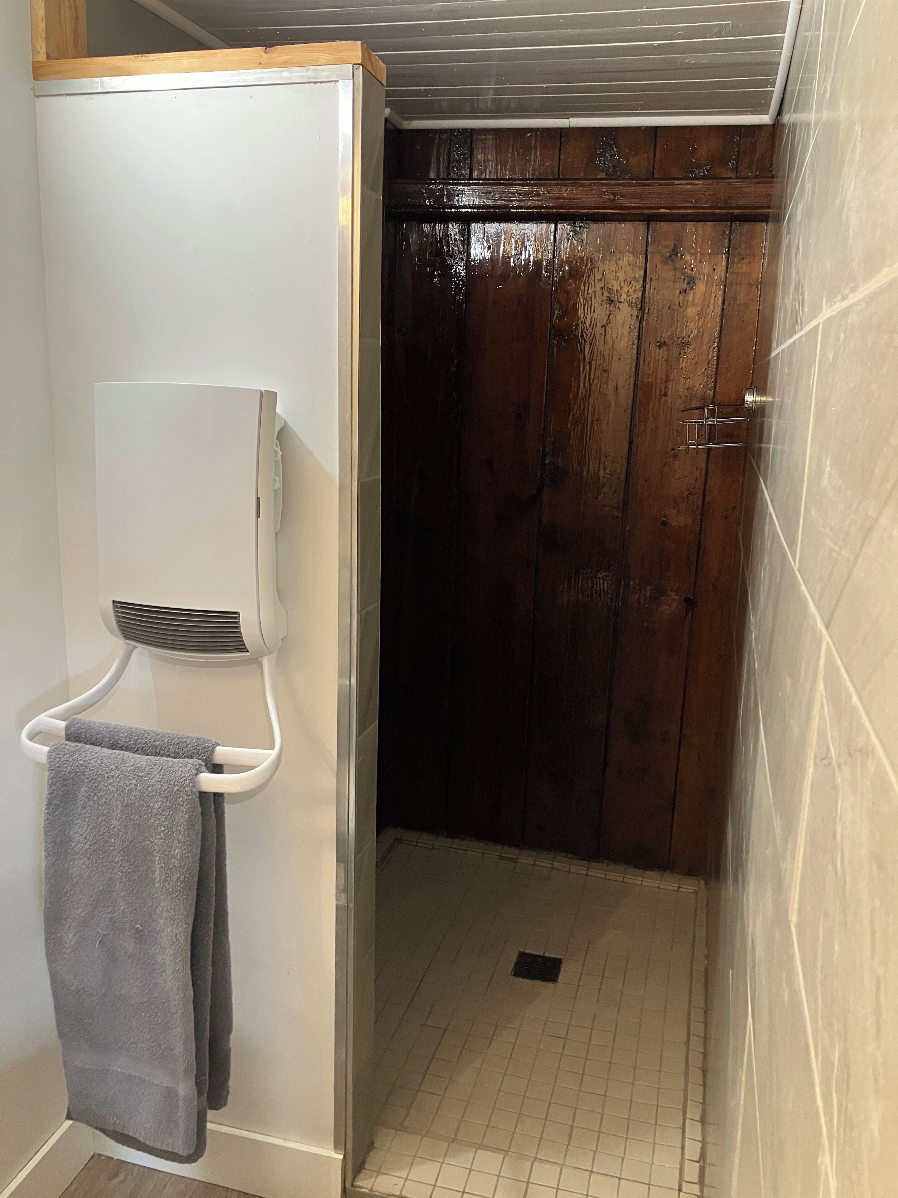 A bathroom with a shower, a towel rack, and a white cabinet.
