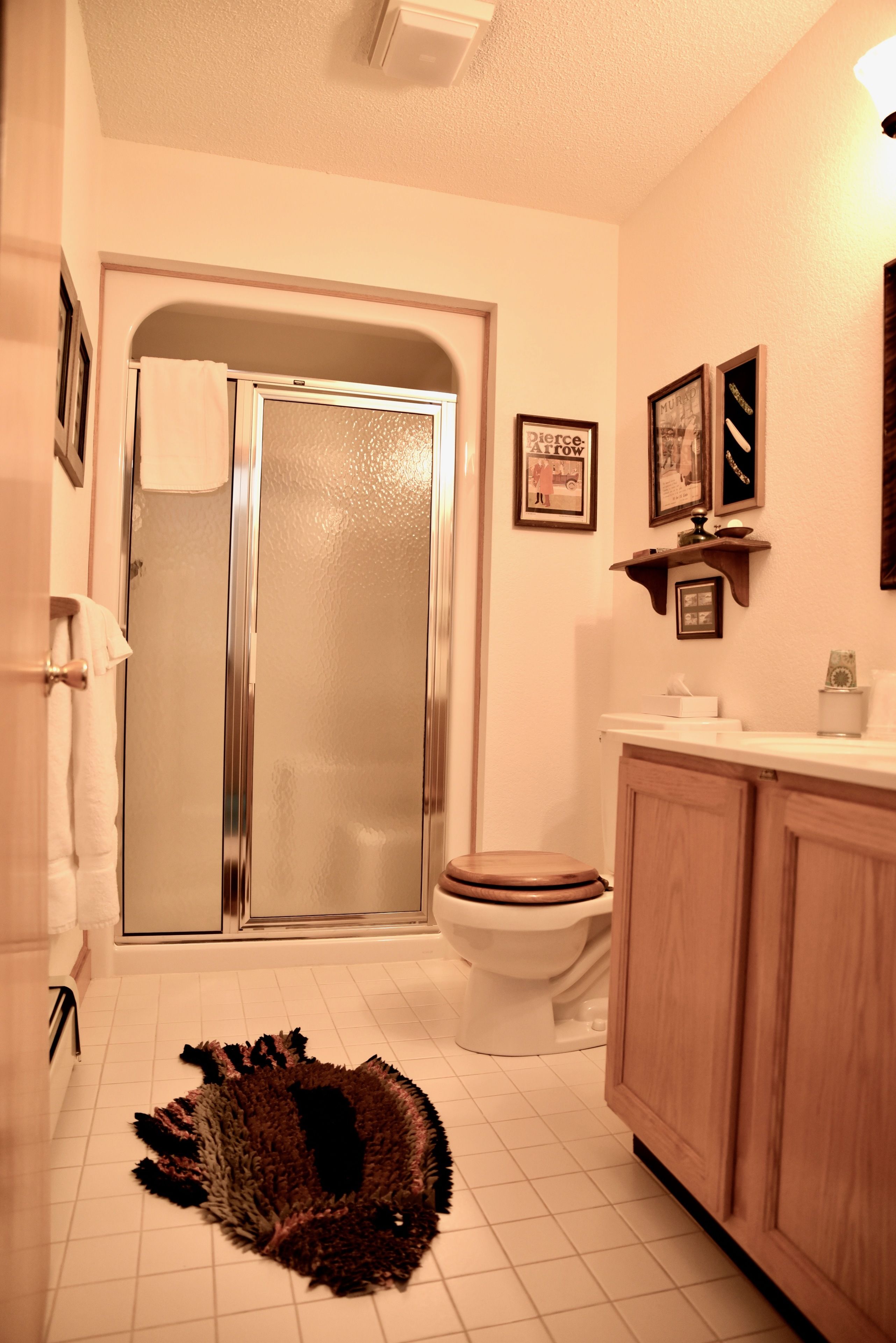 Un baño con mampara de vidrio, inodoro y mueble de madera.