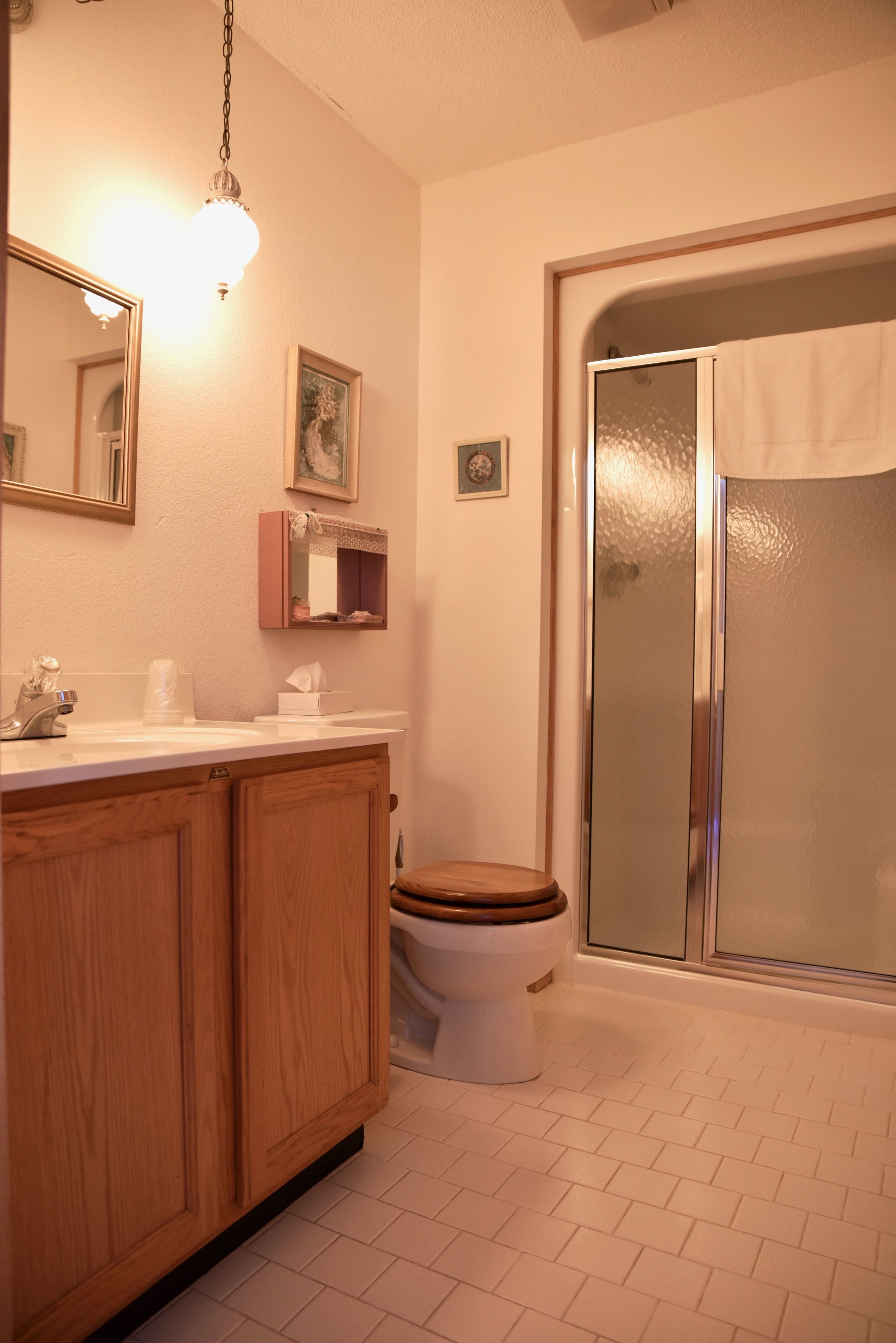 Un baño con tocador de madera, inodoro, ducha con puerta de cristal y espejo con lámpara.