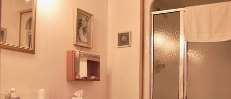 Un baño con tocador de madera, inodoro, ducha con puerta de cristal y espejo con lámpara.