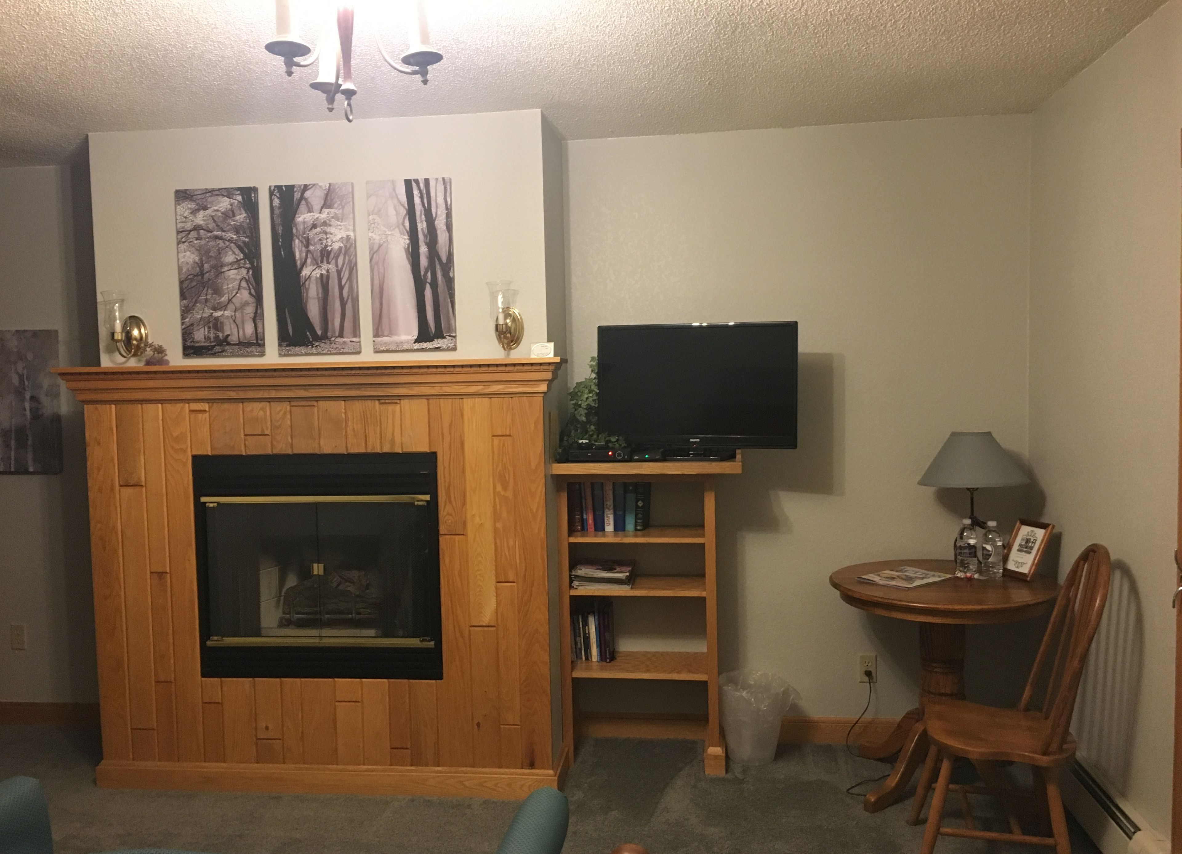 Una sala de estar con chimenea, un televisor sobre un mueble bajo, una estantería y un comedor con una silla.