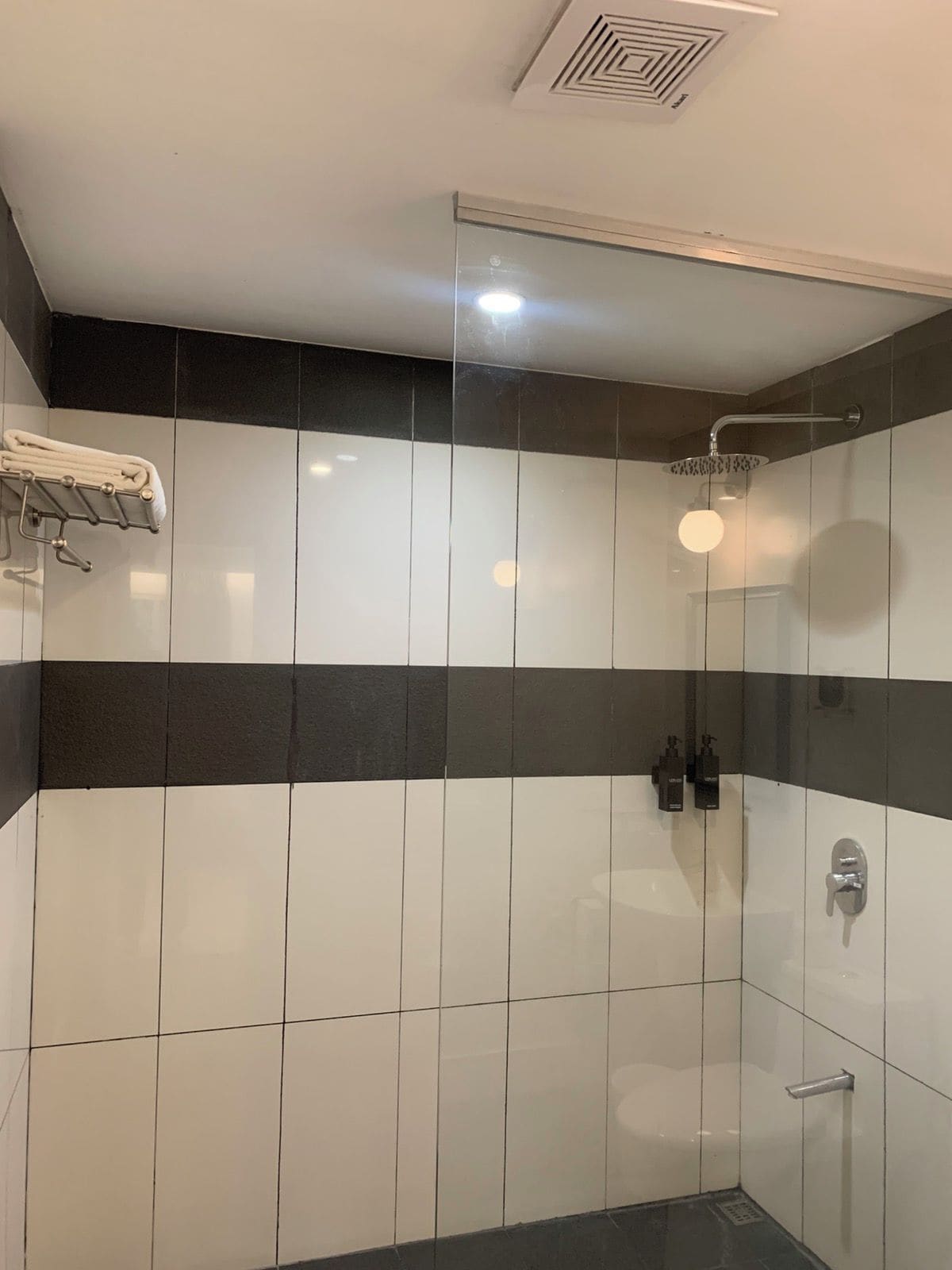 A modern bathroom with a glass shower enclosure, a towel rack, and a toilet.