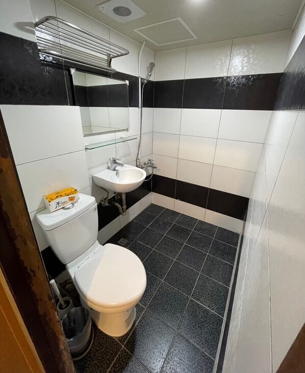 Un baño con inodoro, lavamanos y ducha.