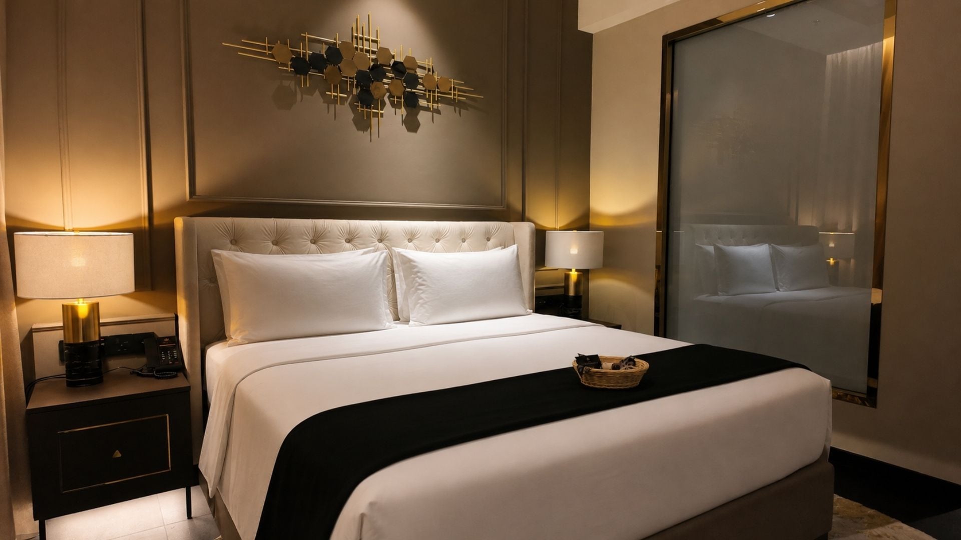 A hotel room with a large bed, two bedside tables, a wall-mounted light fixture, and a large window.