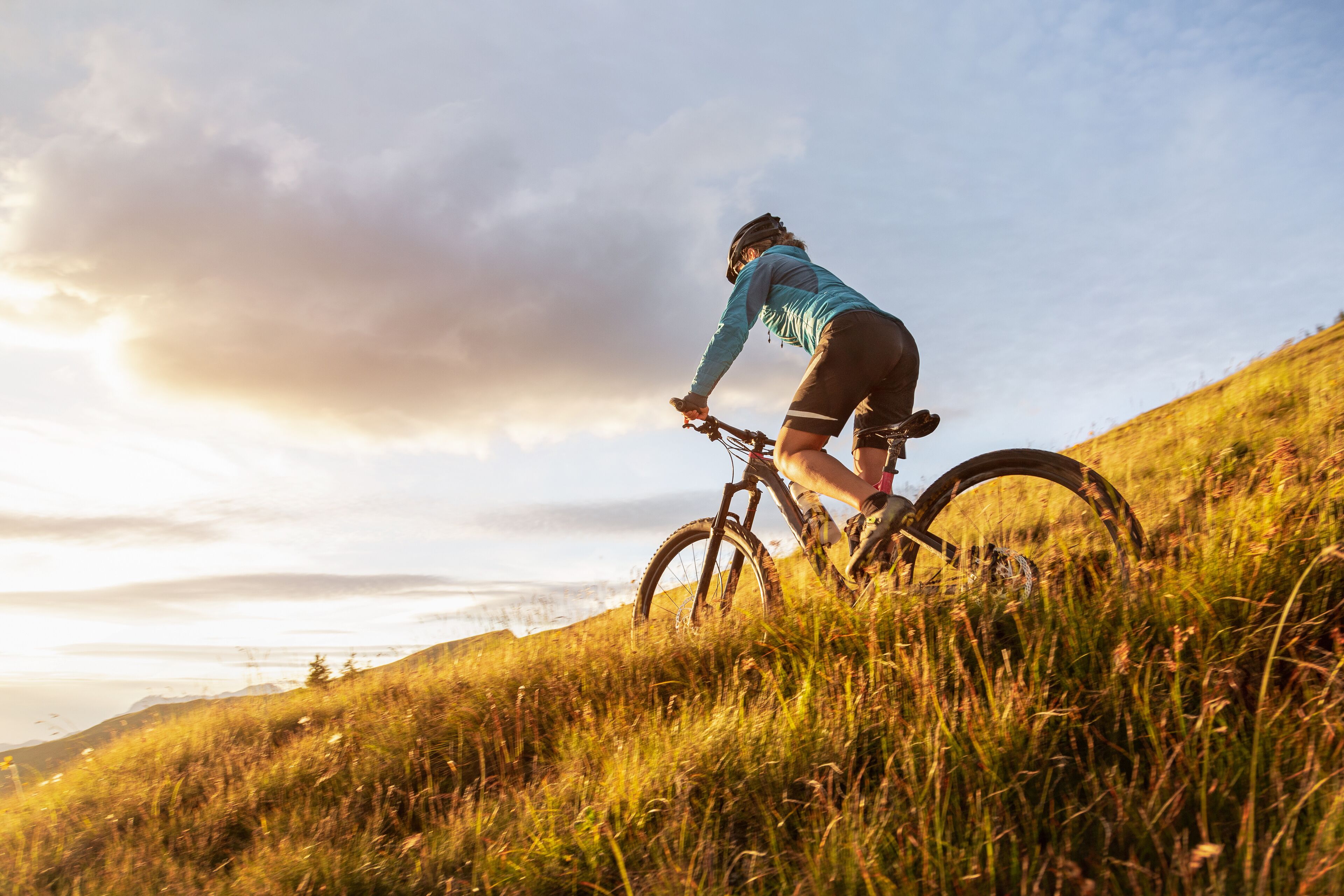 Eine Person fährt mit einem Mountainbike einen grasbewachsenen Hügel hinauf, der Himmel ist wolkenlos.
