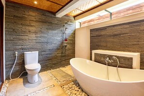 Shower, hair dryer, bathrobes, towels