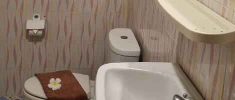 A bathroom with a toilet, sink, and patterned tiles.