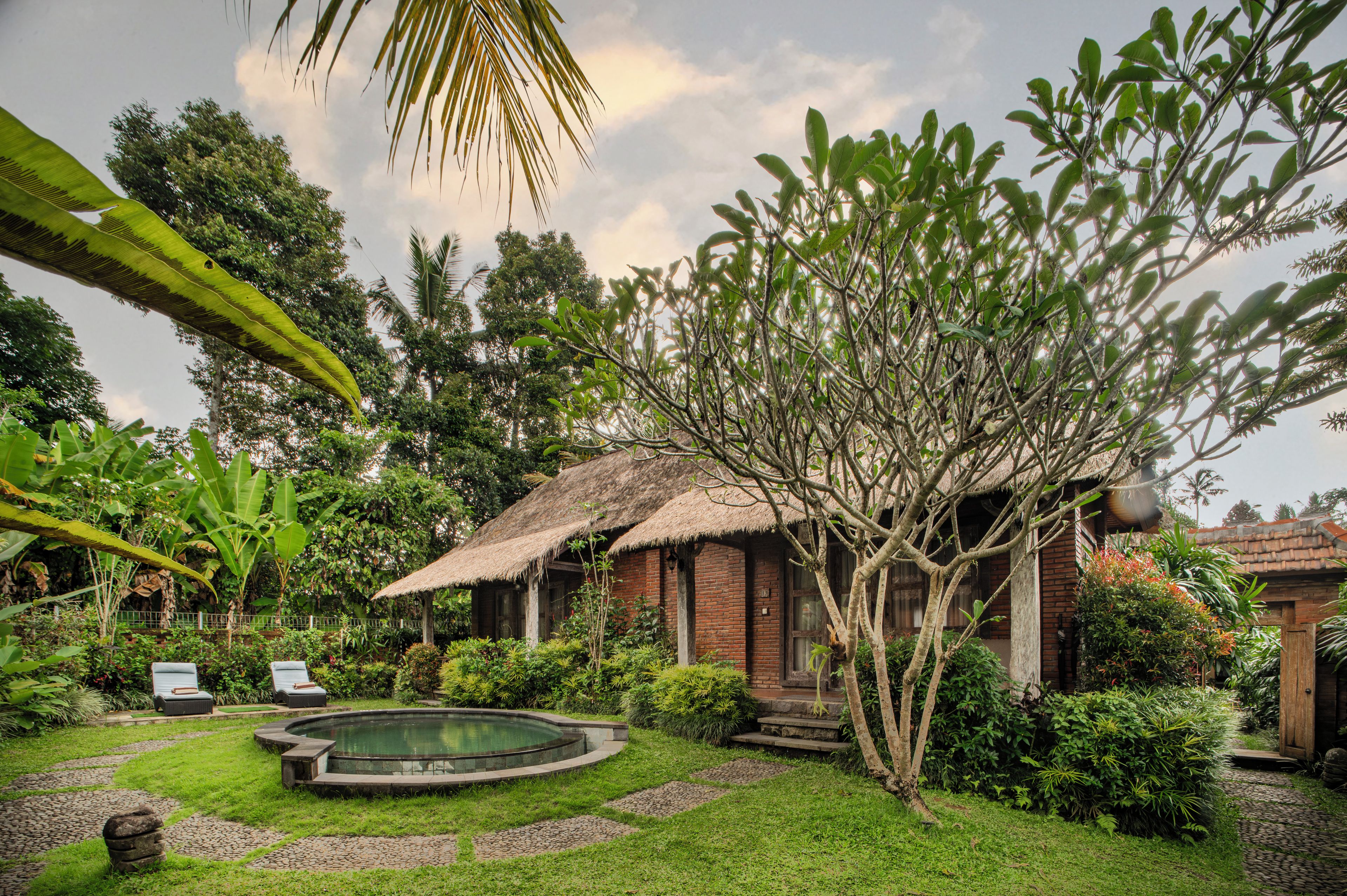 A thatched-roof building with a swimming pool and lush greenery.