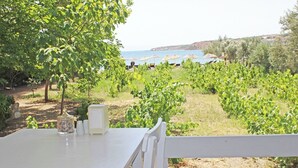 A vineyard with rows of grapevines, a white table with salt and pepper shakers, and a view of the sea and beach in the background. - Arsipel Hotel (Bozcaada)