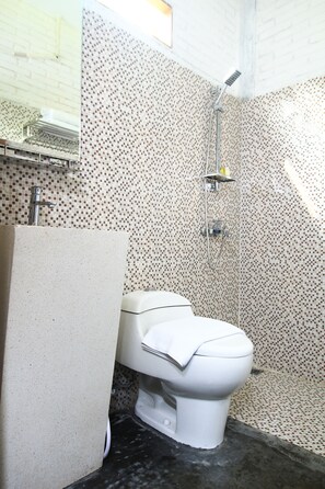 Bathroom features a toilet, showerhead, and patterned tile design.