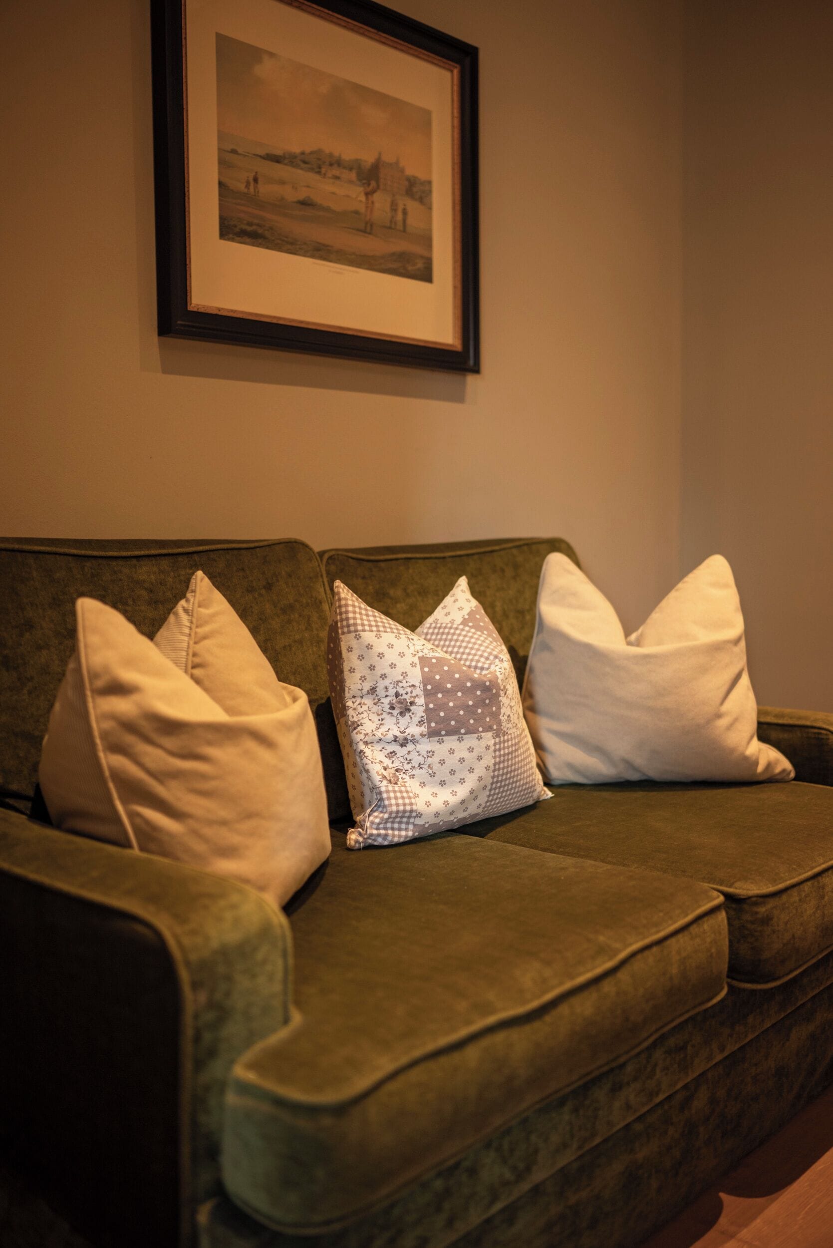 Un sofá verde con cuatro almohadas en una habitación con un cuadro en la pared.