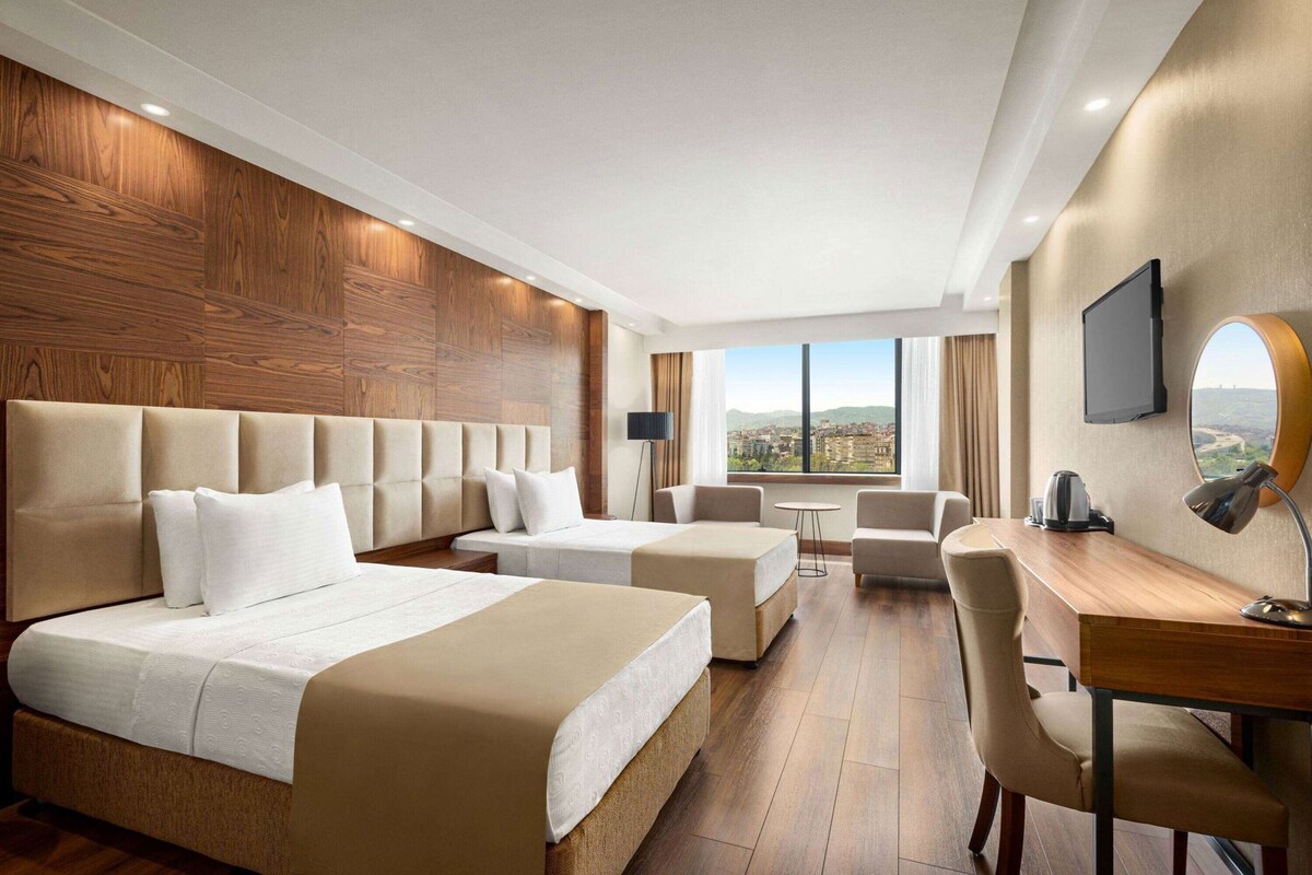 A hotel room with two beds, a desk, a chair, a TV, and a view of the city.