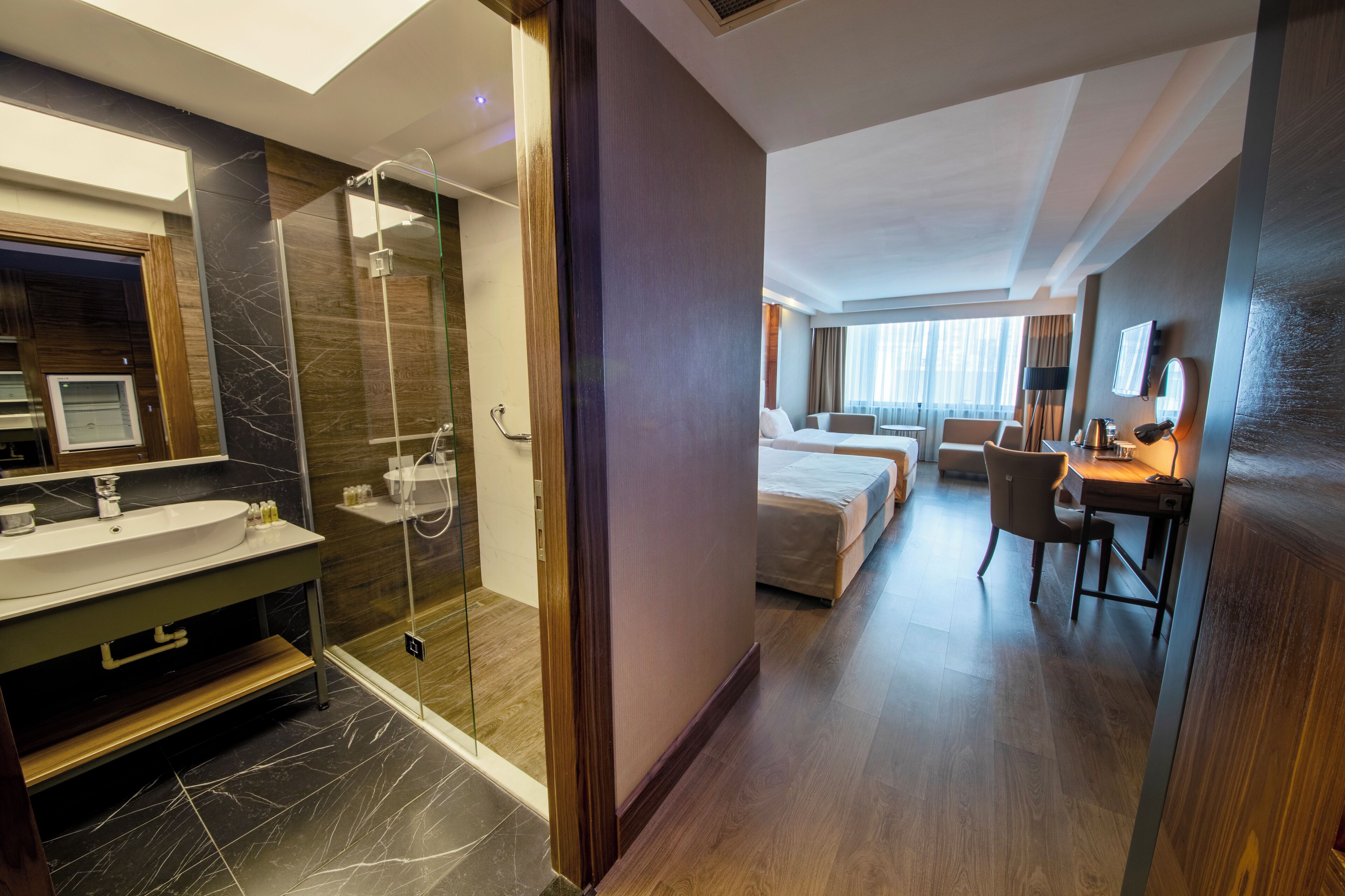 family room | bathroom | shower, free toiletries, hair dryer, slippers