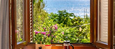 A window with a view of the sea and greenery, a coffee pot, a cup, and a plate with cookies on a wooden table.
