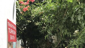Un couloir étroit, avec un mur blanc d’un côté et une rangée de plantes en pot de l’autre. Une pancarte sur le mur indique : « Bain turc traditionnel ».