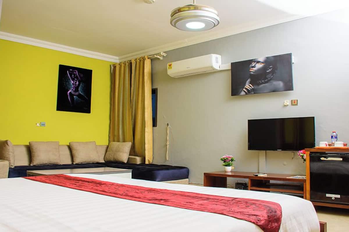 A hotel room with a bed, a sofa, a TV, and an air conditioner.