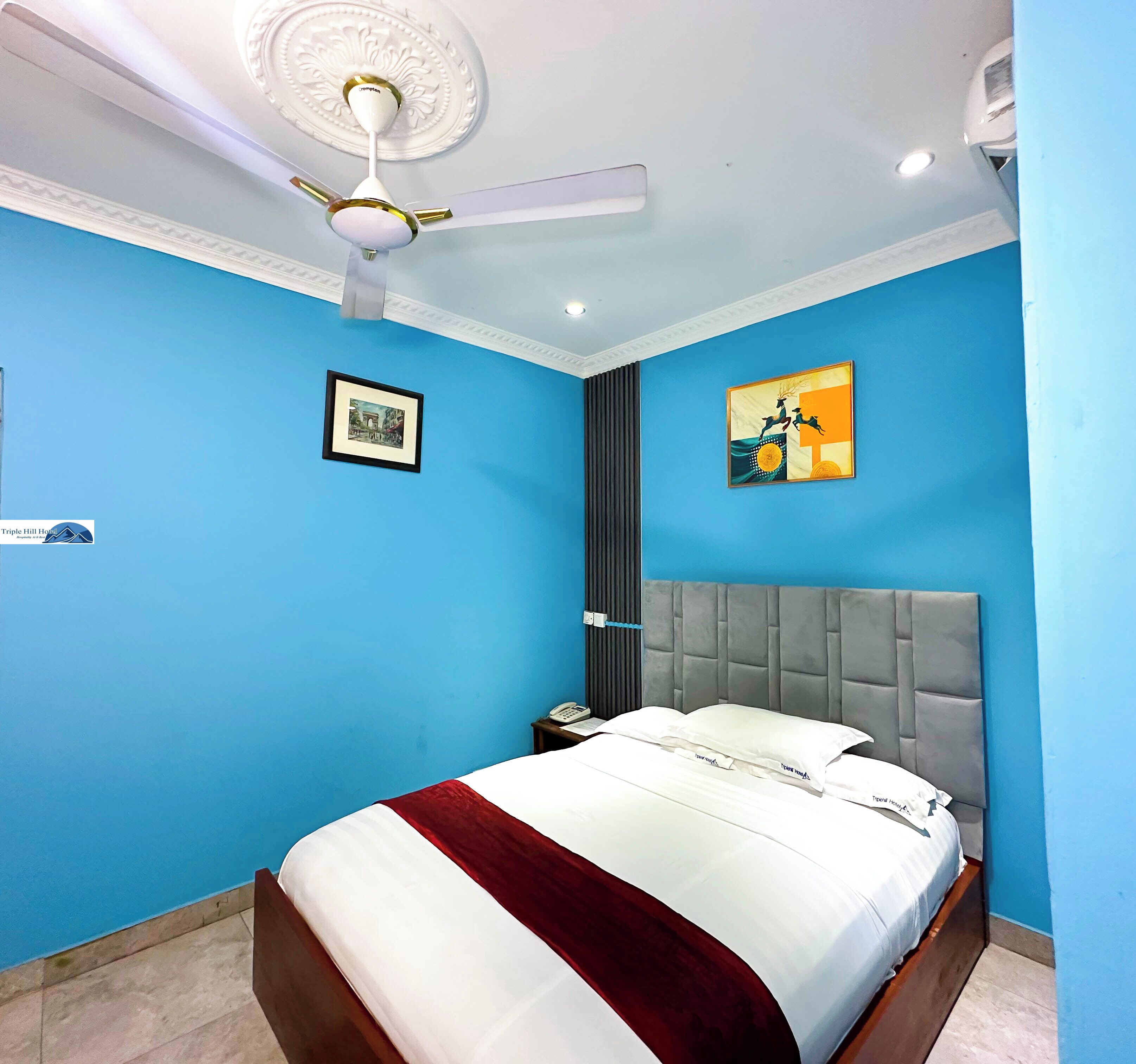 Una habitación de hotel con una cama, un ventilador de techo, una mesita de noche y dos cuadros en las paredes.
