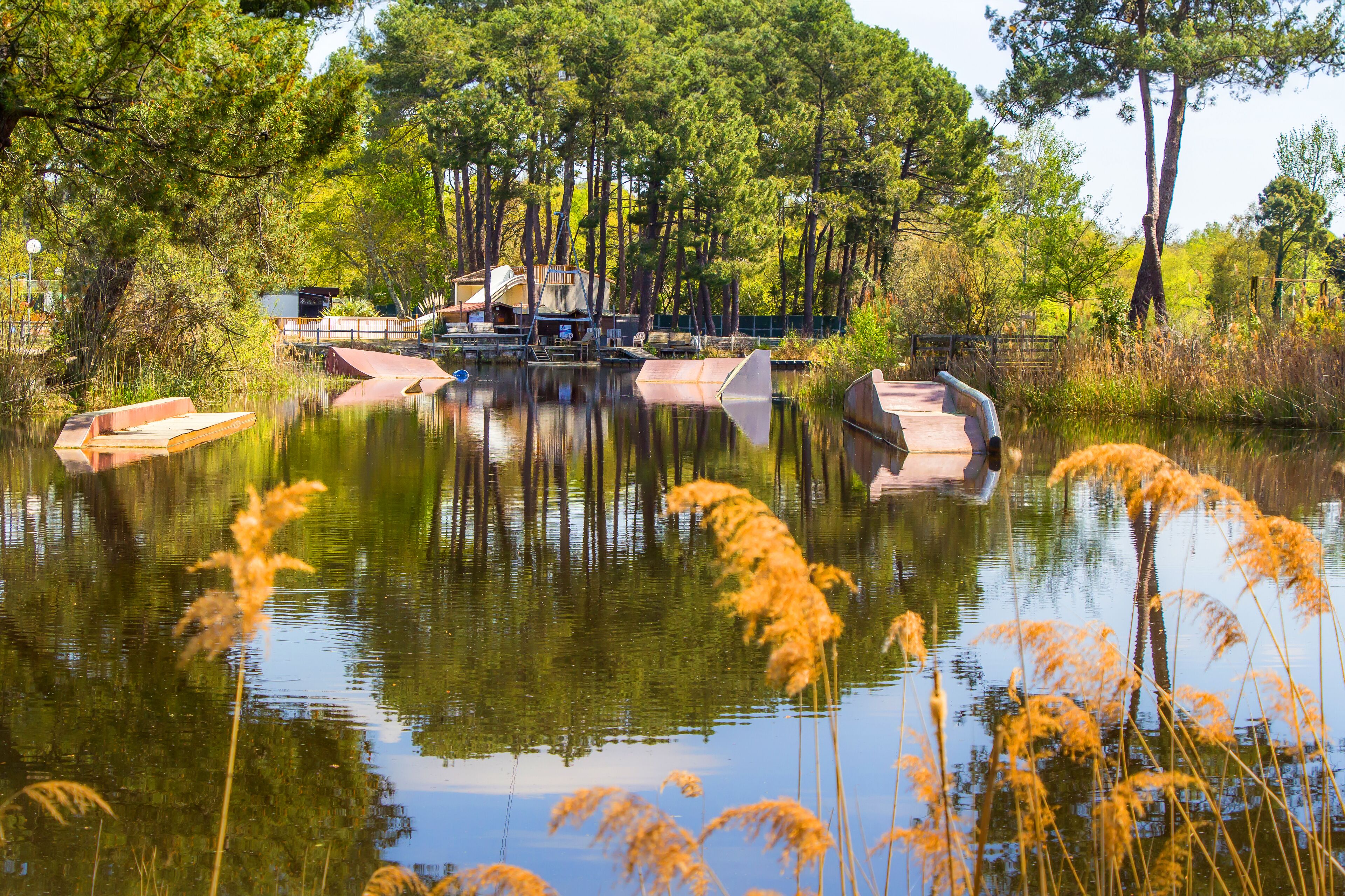 Un entorno tranquilo junto al lago, con un muelle, un espacio cubierto y árboles densos al fondo.