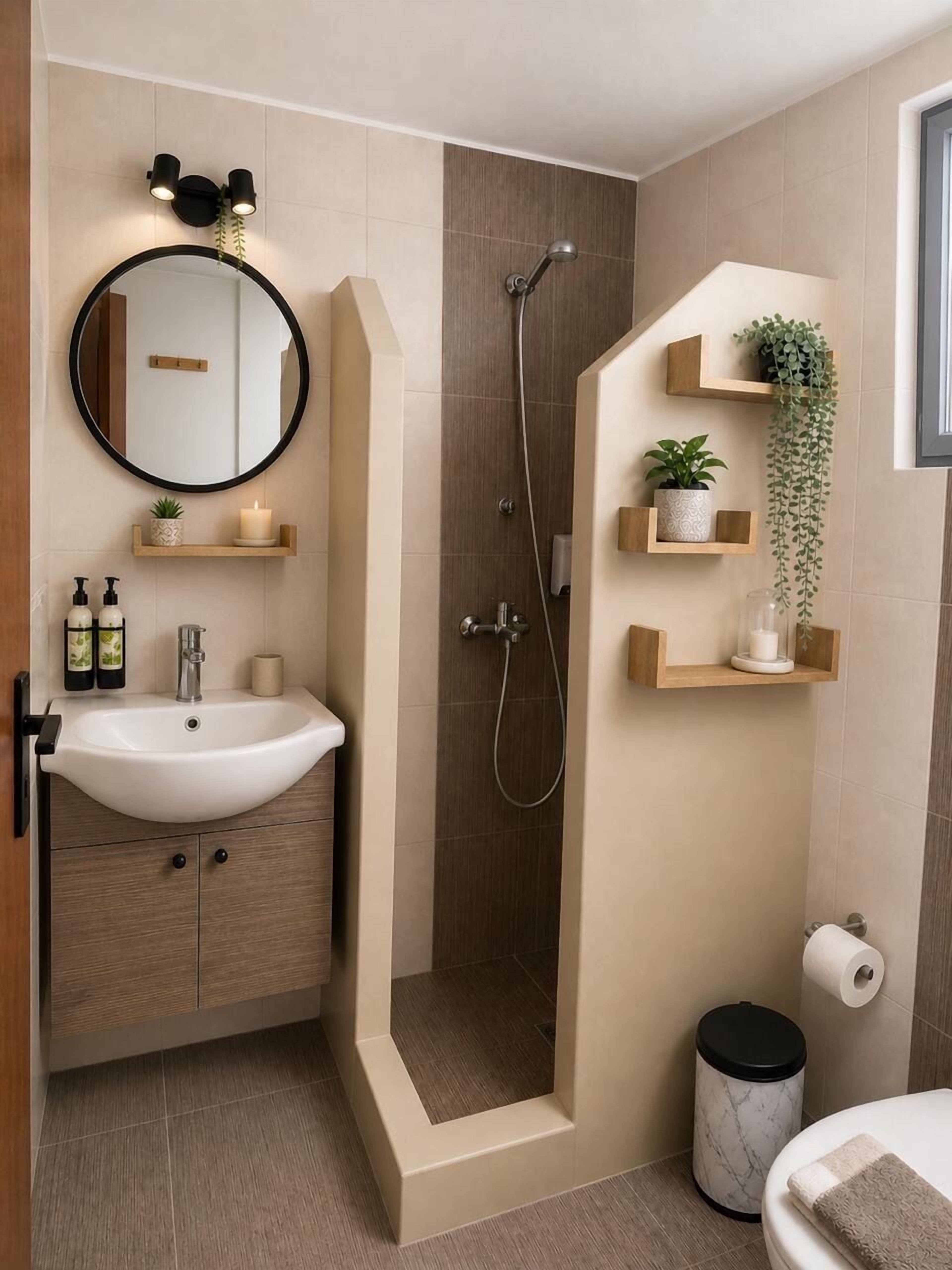 Un baño con lavamanos, espejo, ducha y estantes con plantas.