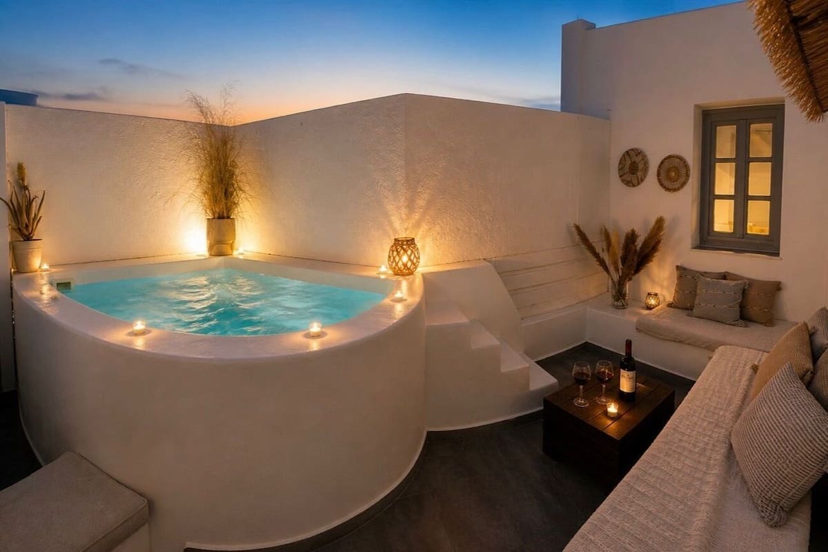 Un jacuzzi con luces, un sofá, una mesa de centro con vasos y una botella, y platos decorativos en la pared.