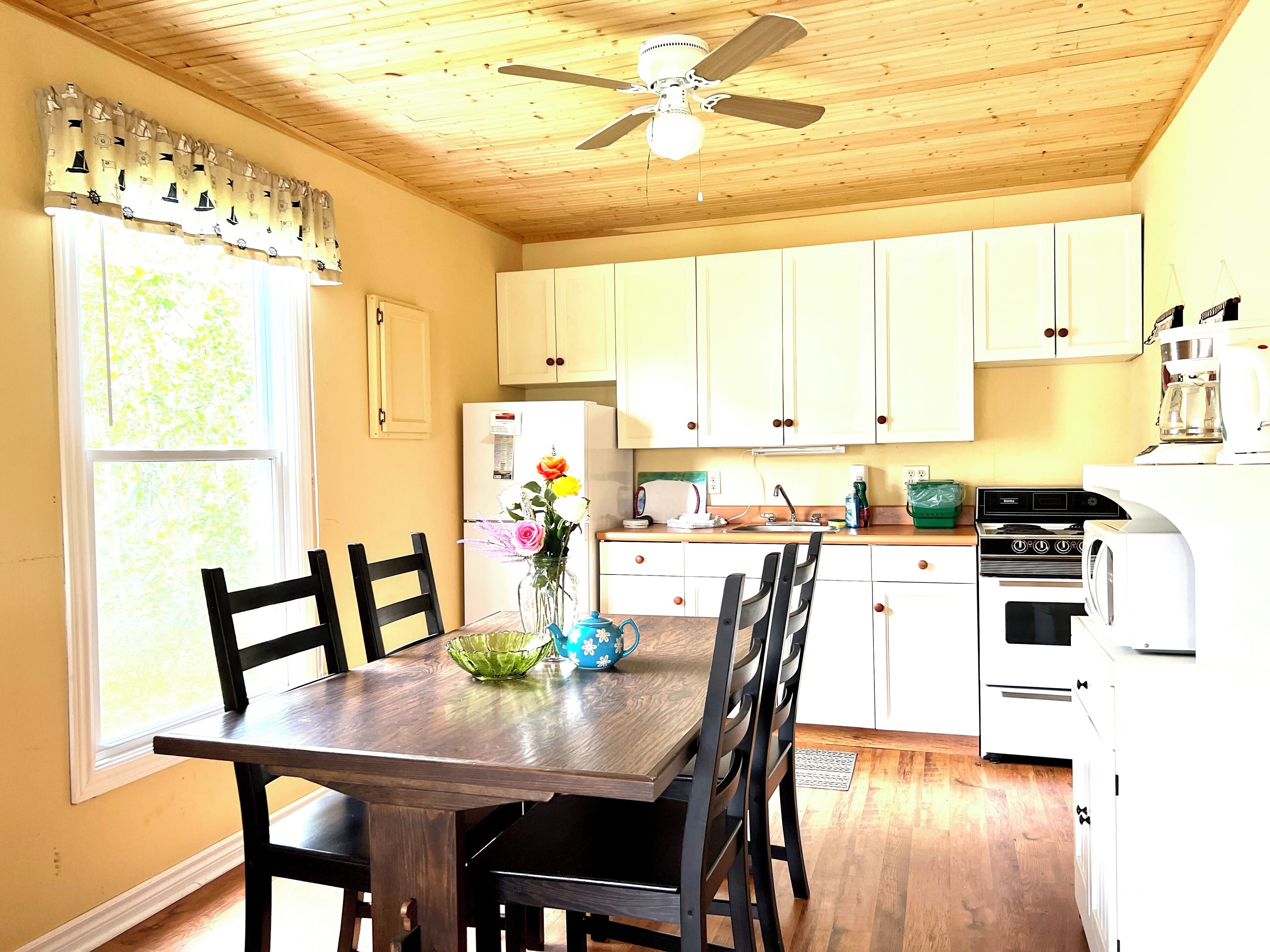 Fridge, microwave, stovetop, coffee/tea maker