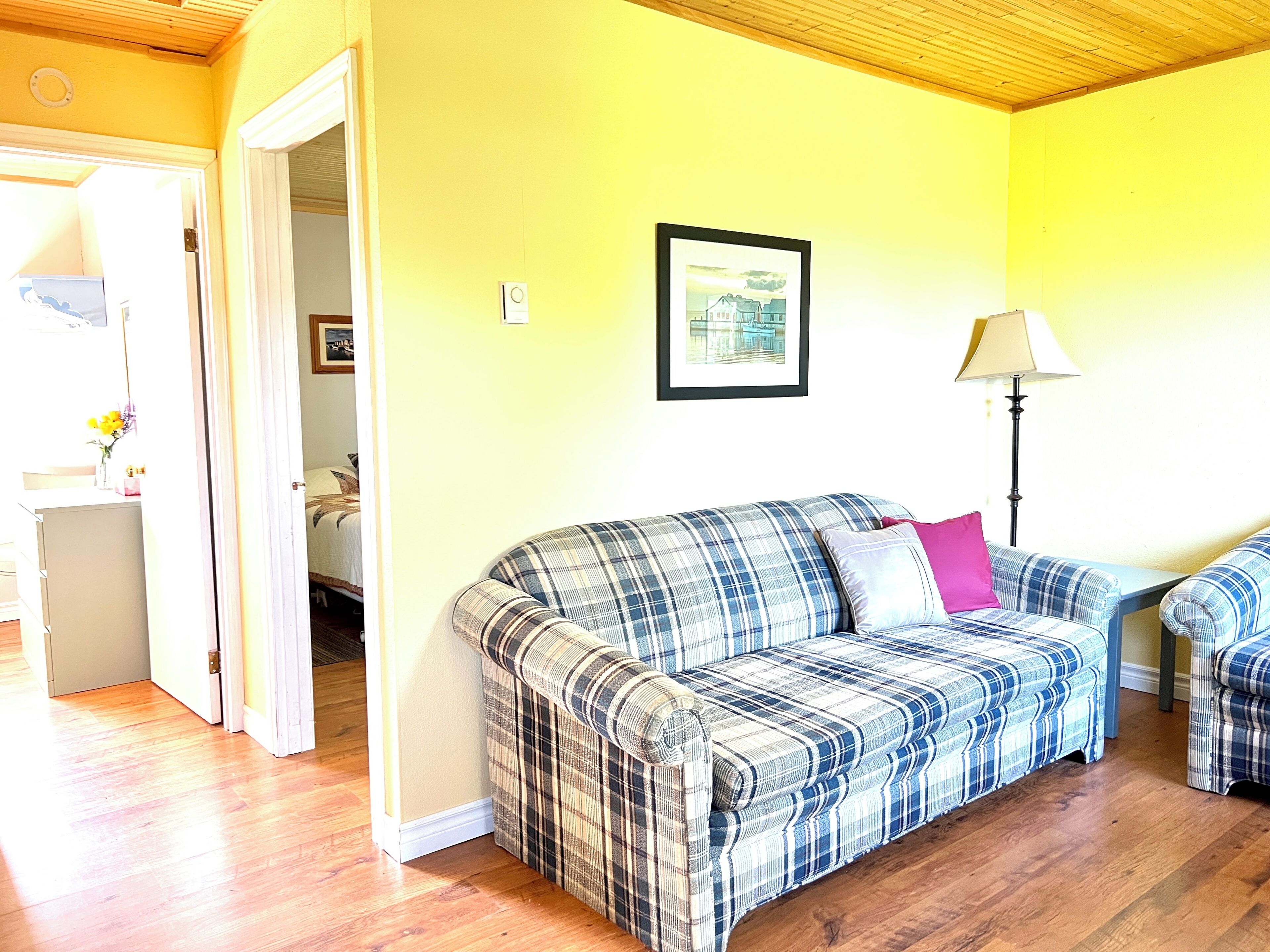 A room with a plaid sofa, a lamp, and a framed picture on the wall.