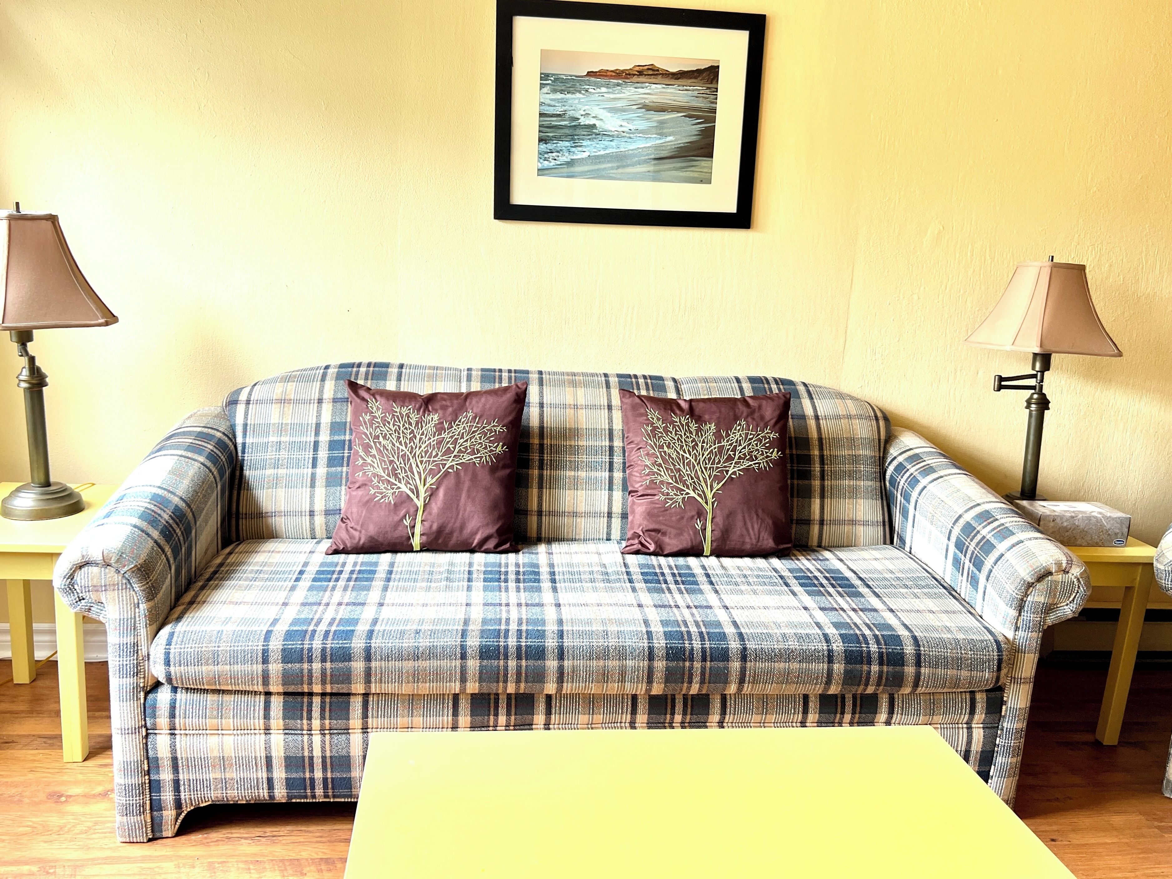 A living room with a plaid sofa, two decorative pillows, a framed picture on the wall, and two lamps on side tables.