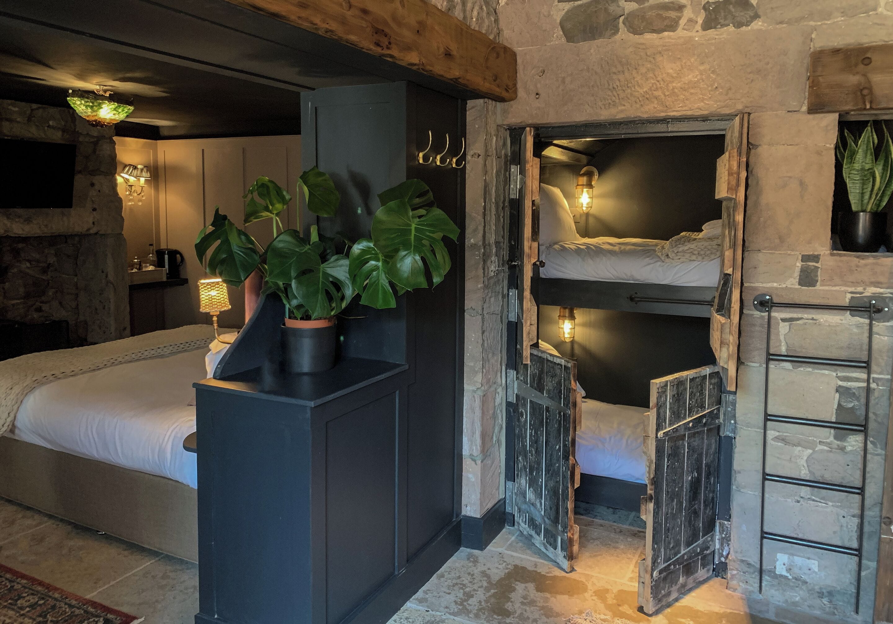 Una habitación acogedora con una cama litera, una mesita de noche con lámpara y una planta en maceta.