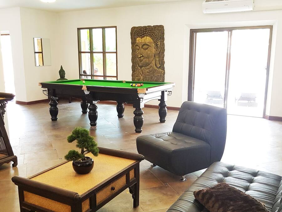 Una sala de estar con mesa de billar, sofá, televisor y una planta en maceta.