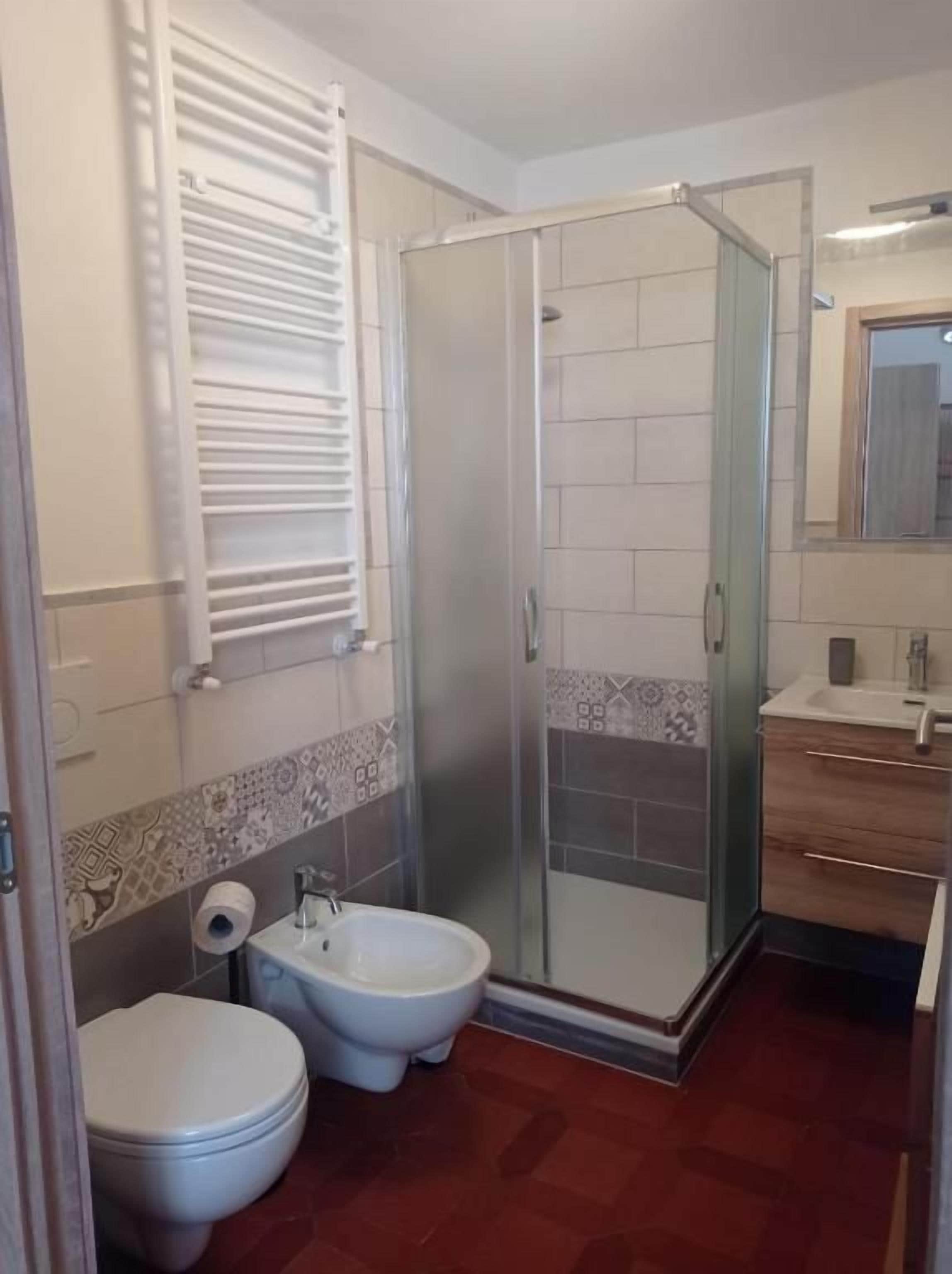A bathroom with a shower, toilet, bidet, and a vanity with a mirror.