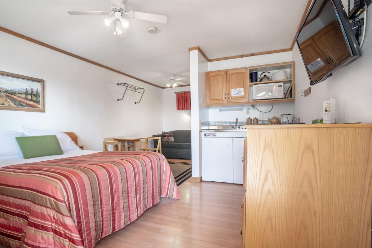 A compact room with a bed, a small desk, a kitchenette, and a ceiling fan.