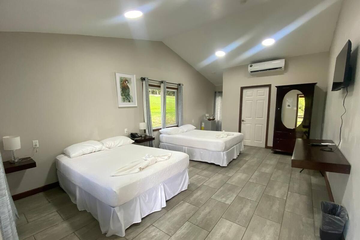 Habitación de hotel con dos camas, un escritorio, un televisor y una ventana con cortinas.